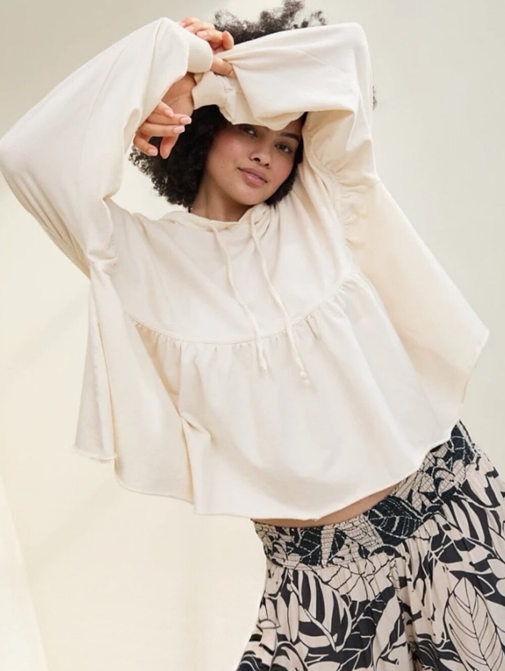 Aerie Cream White Peplum Oversized Ballet Long Sleeve Hoodie Shirt Comfy Cotton